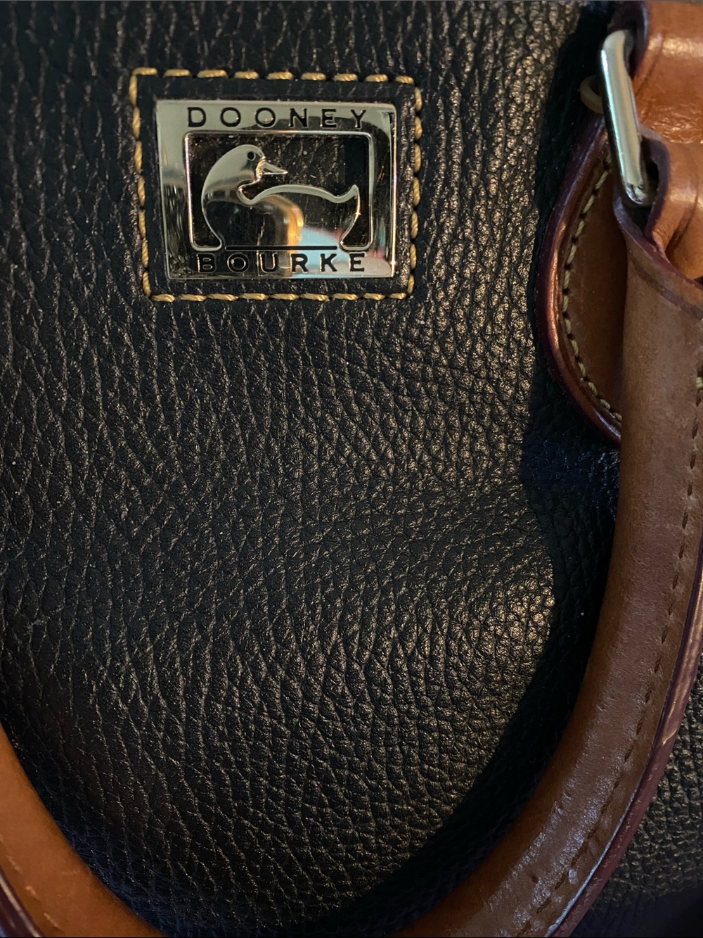 Dooney & Bourke Black Leather Satchel with Tan Trim and Gold Hardware - Picture 2 of 16